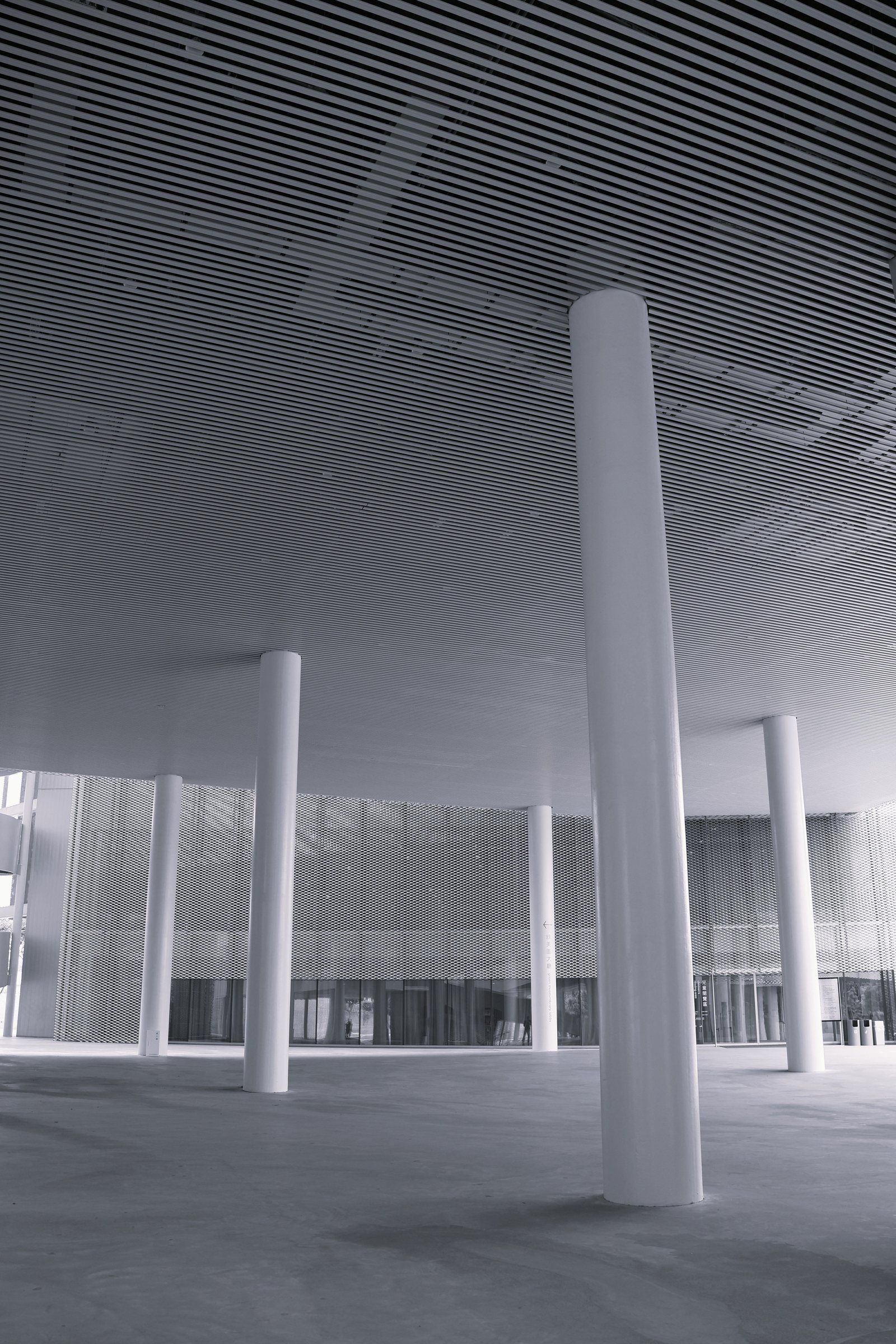 Slender white columns beneath a slatted ceiling in a vast open hall